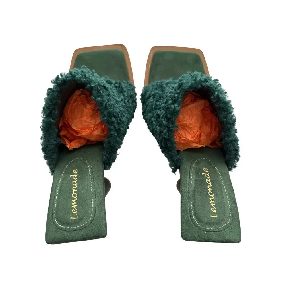 Lemonade Sunny Green Faux Fur Mules Open-Toe Slip On 5” Cylinder Heel Size 7.5 - Picture 7 of 9